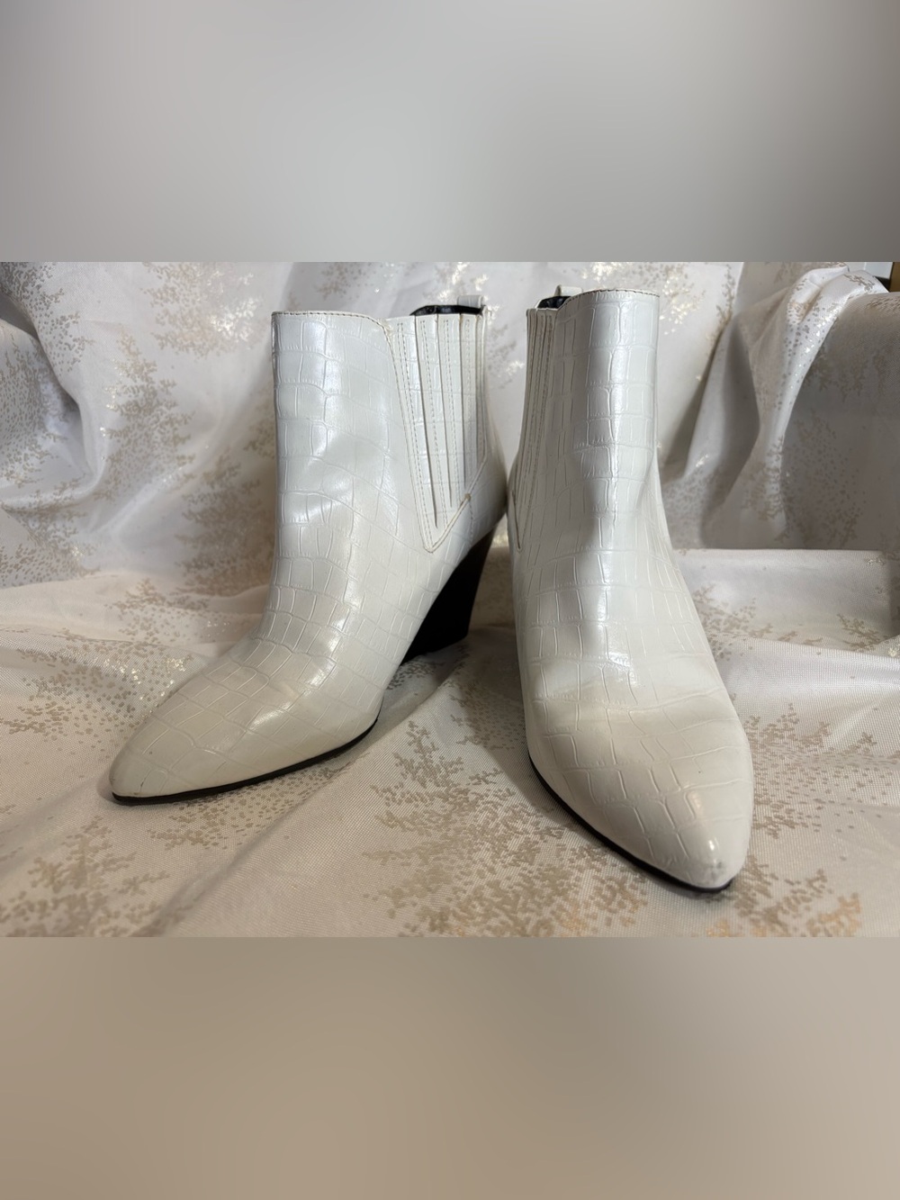Report White Croc-Embossed Pointed Ankle Booties